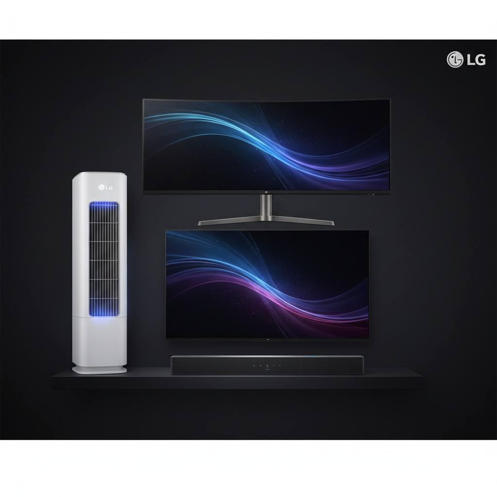 LG product ecosystem — ultrawide monitor, OLED Smart TV, soundbar, portable air conditioner