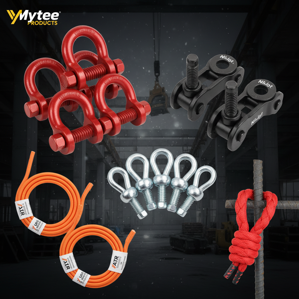 Hard and soft shackles for rigging and recovery — red Mytee 4-pack forged steel D-ring anchor shackles, orange ATR soft shackle UHMWPE 2-pack, black Nilight D-ring shackle 2-pack, silver bow shackle set, red soft recovery shackle