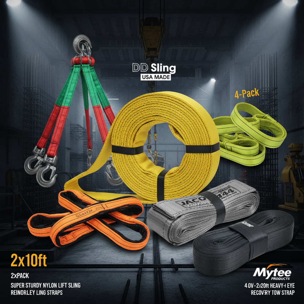 Lifting straps slings and recovery tow straps — yellow DD Sling nylon twisted eye lifting sling, green red four leg bridle web sling with hooks, orange black 2-pack lift sling straps eye-eye, yellow-green 4-pack twisted eye lifting slings, grey JACO TowPro recovery tow strap, black Mytee recovery tow strap