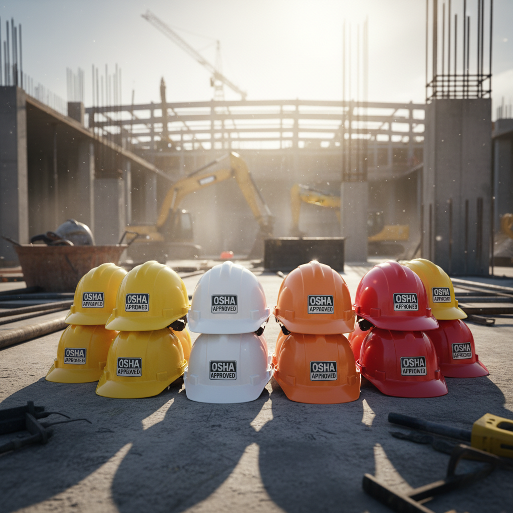 OSHA-approved hard hats in multiple colors on a construction job site