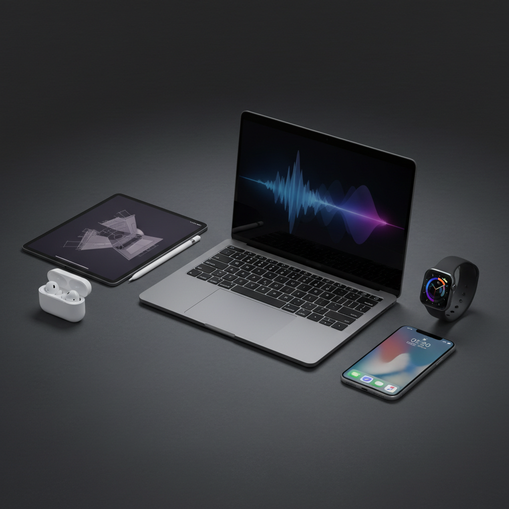 Apple product ecosystem — MacBook Air, iPad Pro with Apple Pencil, AirPods Pro, Apple Watch, iPhone