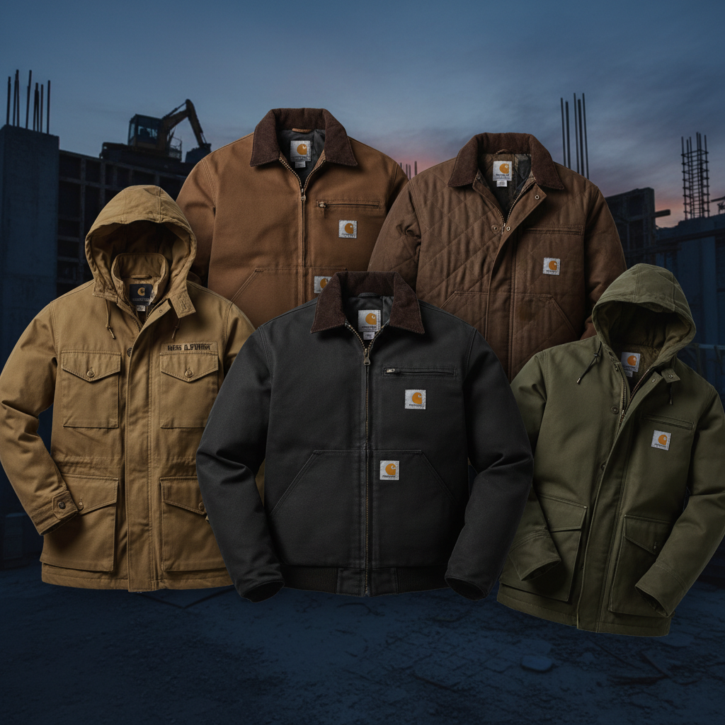 Men's job site work jackets — black Carhartt Detroit, brown Berwick, tan canvas field jacket, brown quilted work coat, olive Shoreline jacket