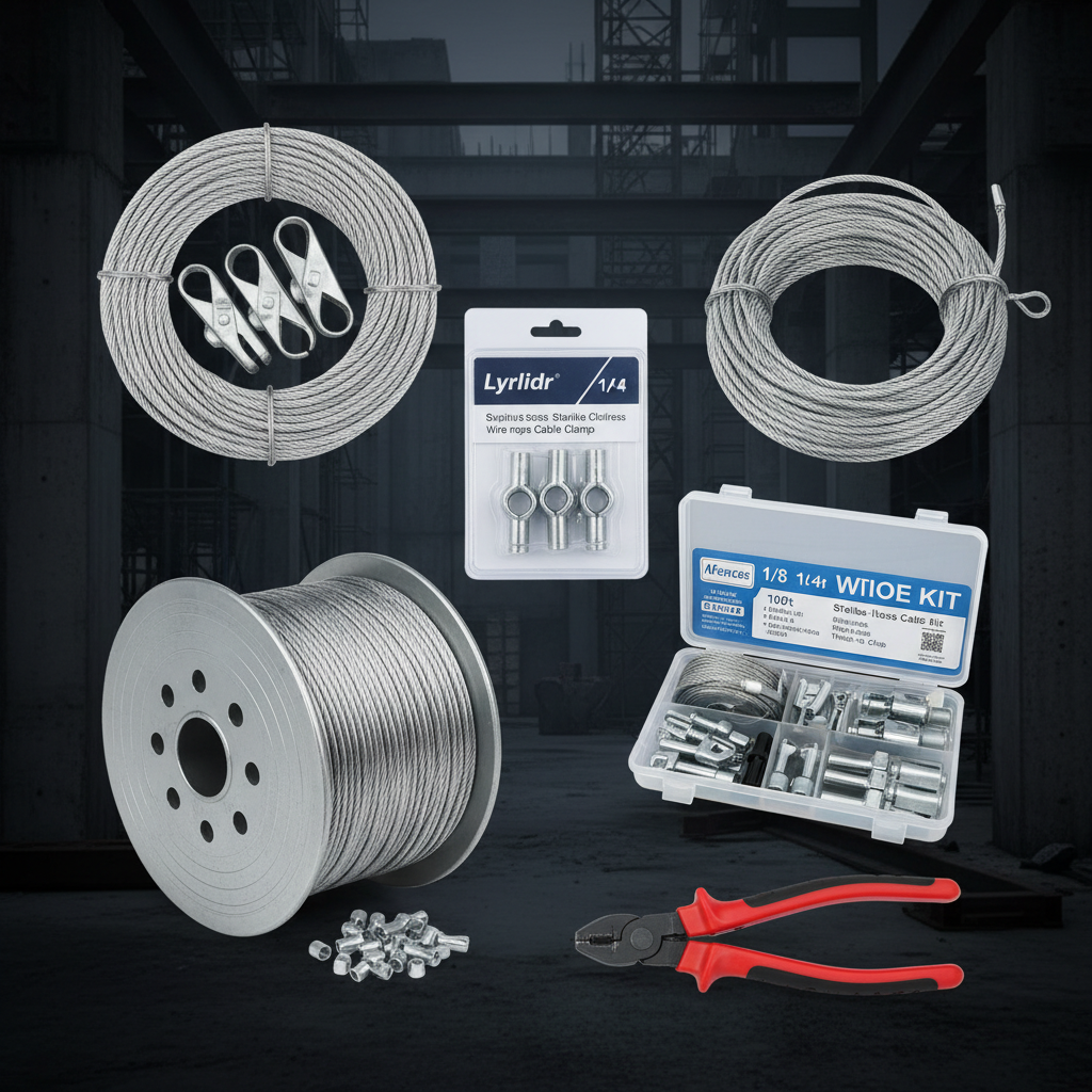 Wire rope steel cable and rigging hardware components — silver 1/4 inch stainless steel wire rope coil with clamps and thimble, silver 1/16 inch 1000ft wire rope spool with crimp sleeves, silver cable clamp 6-pack, silver 1/8 inch wire rope kit with cable cutters sleeves thimbles, red handled cable cutters