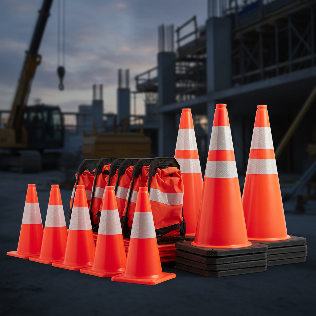 Orange traffic safety cones — 18 inch collapsible, standard, and heavy duty 36 inch with black base