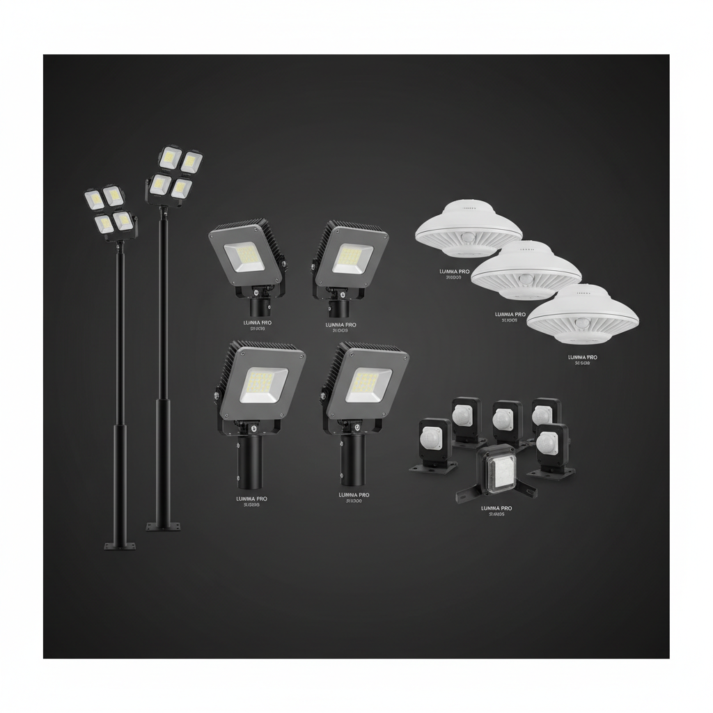 KUKUPPO commercial LED lighting lineup — parking lot, high bay, dusk-to-dawn, flood lights