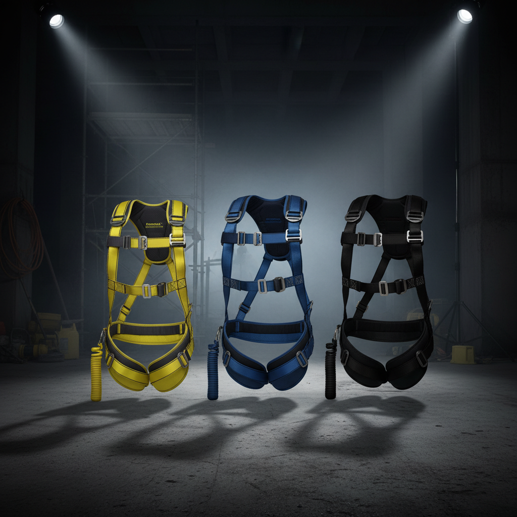 Palmer Safety Full Body Harnesses — yellow and grey with lanyard, blue 5-point padded, and black construction harness