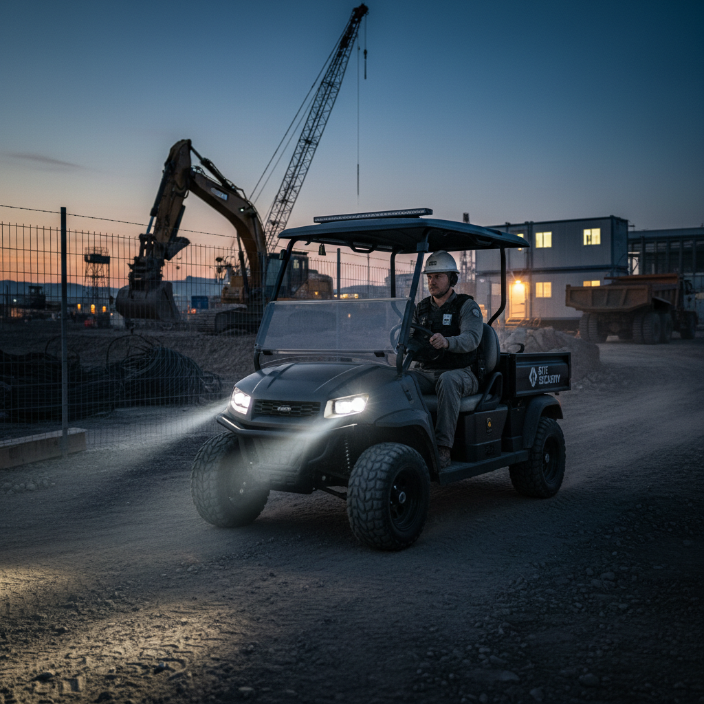 Electric security patrol cart with hard-hatted guard driving along construction job site perimeter at dusk
