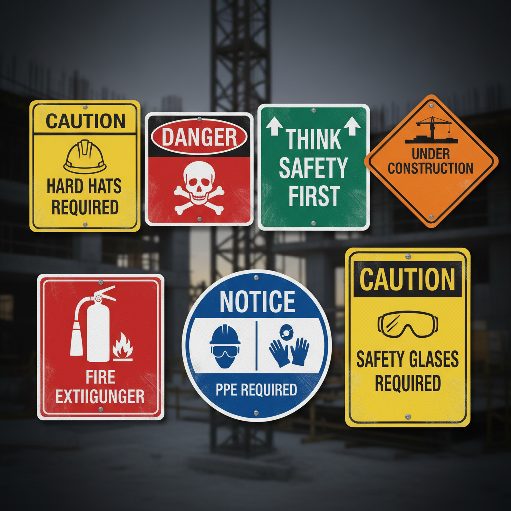 OSHA job site safety signs collage — caution, danger, notice, fire extinguisher, PPE required, under construction signs