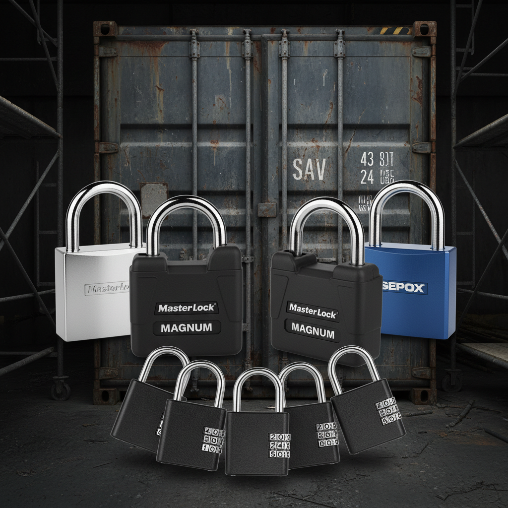 Heavy duty job site padlocks — black Master Lock magnum keyed-alike 3-pack, silver Master Lock outdoor, blue SEPOX 2-pack, black 10-pack combination locks