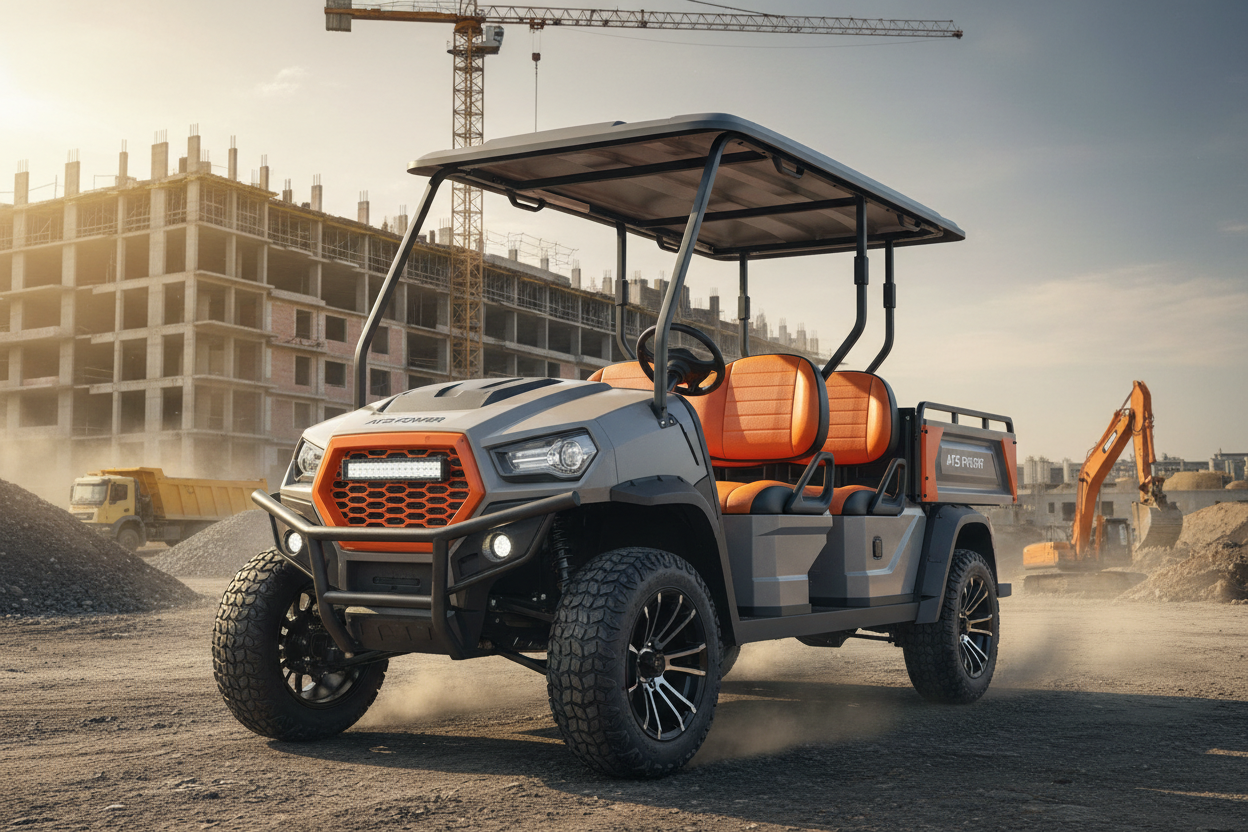 ATS POWER premium electric golf cart utility vehicle for job site transportation — grey and orange 4-seat all-terrain electric cart with LED lights and rugged tires on construction site
