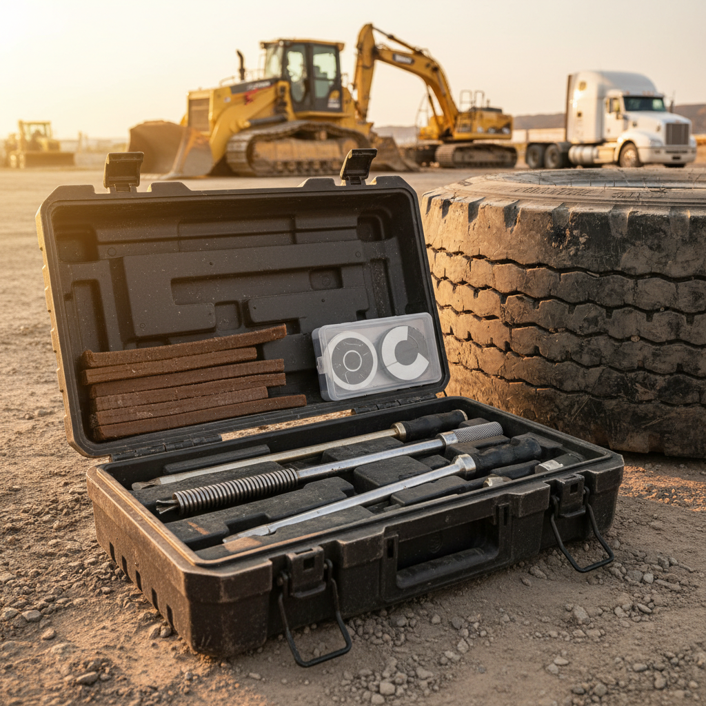 Heavy-duty fleet tire repair kit open case on job site next to truck tire