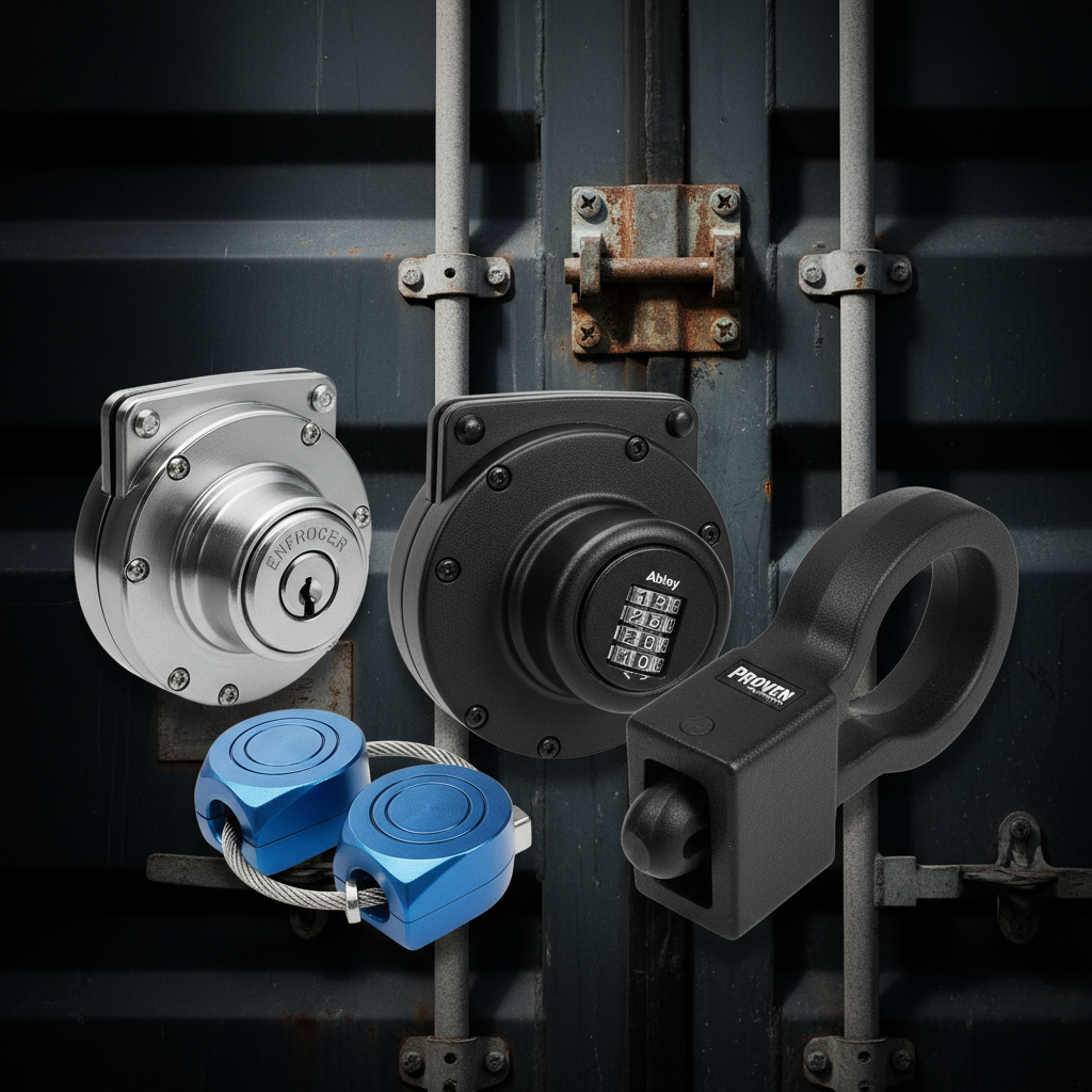 Conex puck locks and high security container locks — black Abloy SR400 combination puck lock, silver Enforcer puck lock, blue anodized puck lock set, Proven Industries trailer coupler lock