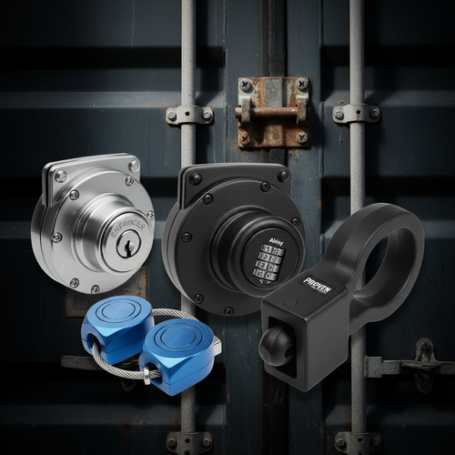 Conex puck locks and high security container locks — black Abloy SR400 combination puck lock, silver Enforcer puck lock, blue anodized puck lock set, Proven Industries trailer coupler lock