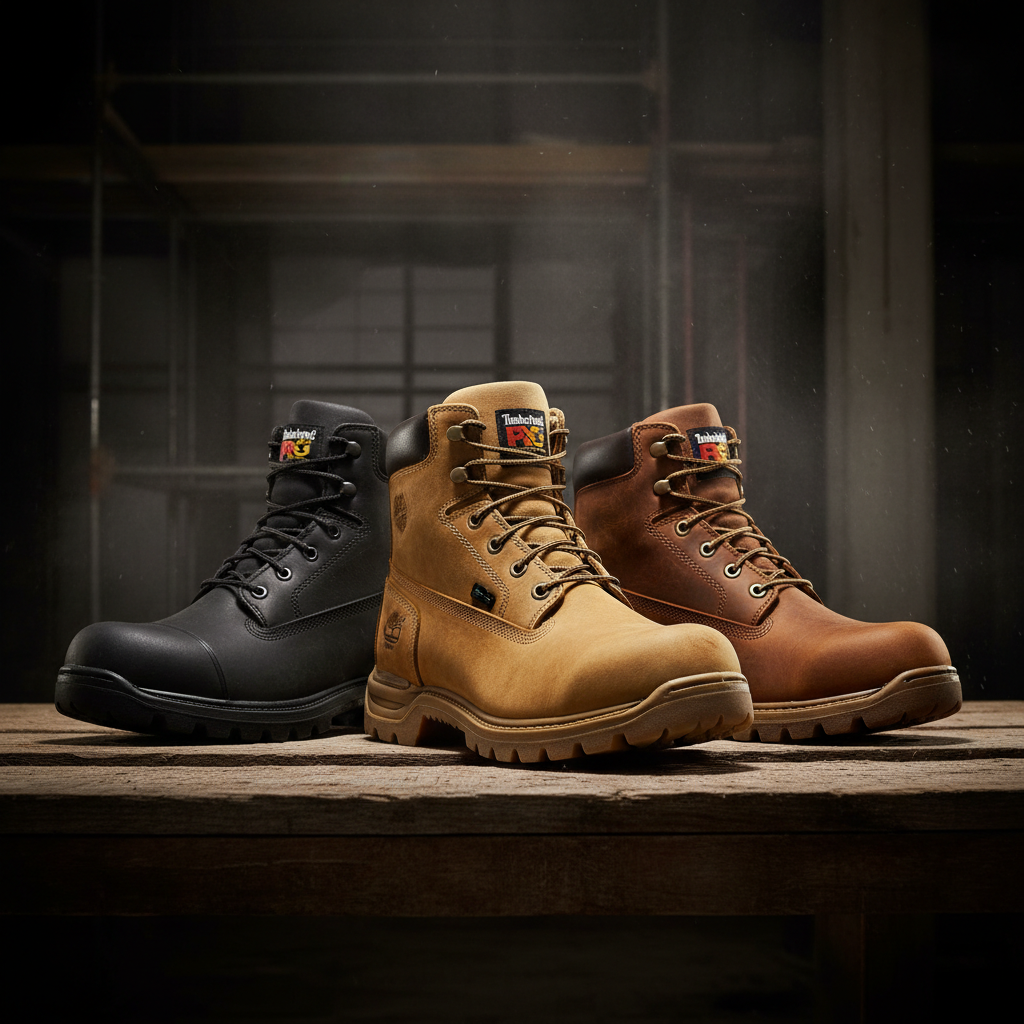 Timberland PRO Pit Boss work boots — wheat steel toe, black waterproof composite toe, and brown soft toe styles