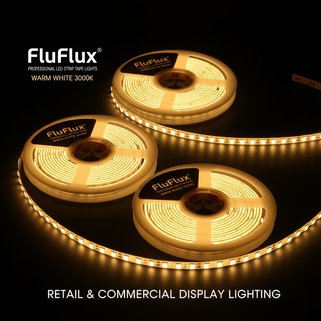 FluFlux professional LED strip tape lights — COB and 2835 high density warm white commercial lighting