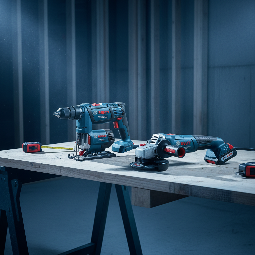 Bosch professional power tools display on job site workbench