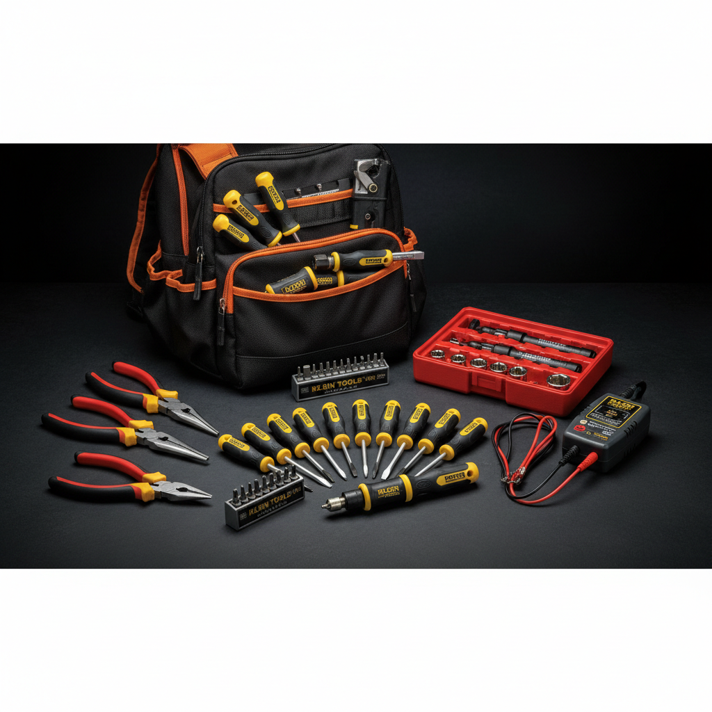 Electrician hand tools collection — Klein Tools screwdriver set, insulated pliers, wire tracer kit, tool backpack