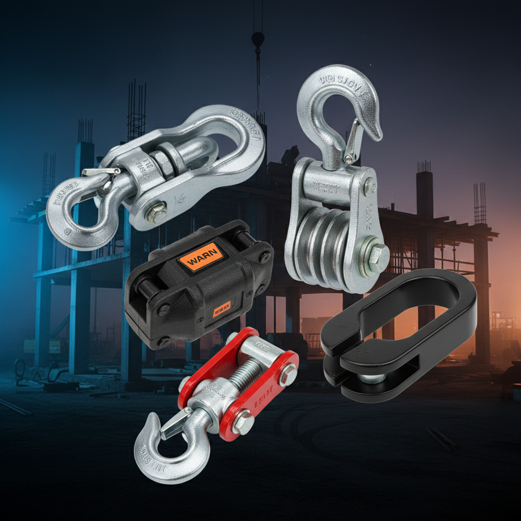 Snatch blocks and pulleys for winch recovery and rigging — silver Crosby 3-inch heavy duty snatch block with hook, black WARN 3.0 inch snatch block, silver double sheave pulley block with hook, red silver 4-ton snatch block swivel hook, black aluminum snatch block for synthetic rope