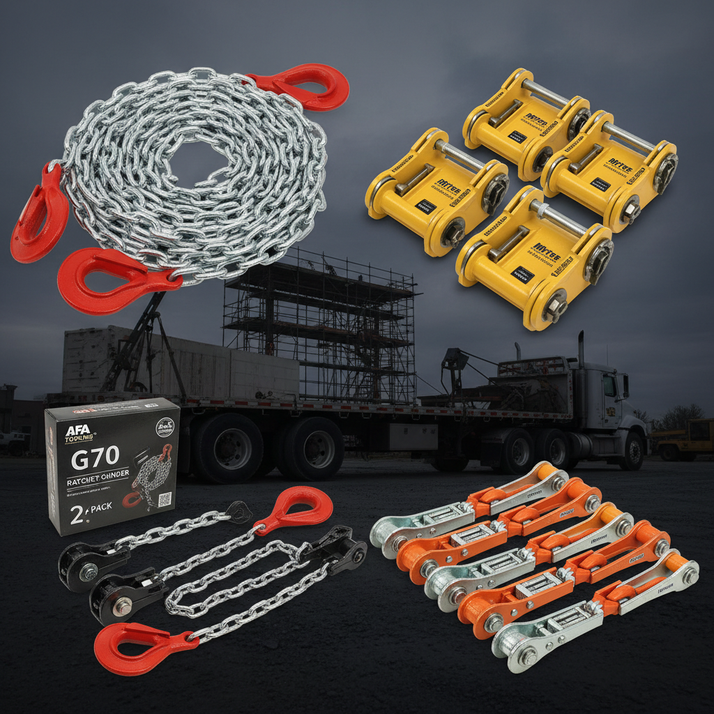 Grade 70 transport chains and ratchet load binders — silver G70 chain coiled with red clevis hooks, yellow Mytee 4-pack QuikBinder ratchet binders, black AFA Tooling G70 chain and binder set, orange heavy duty ratchet binder set