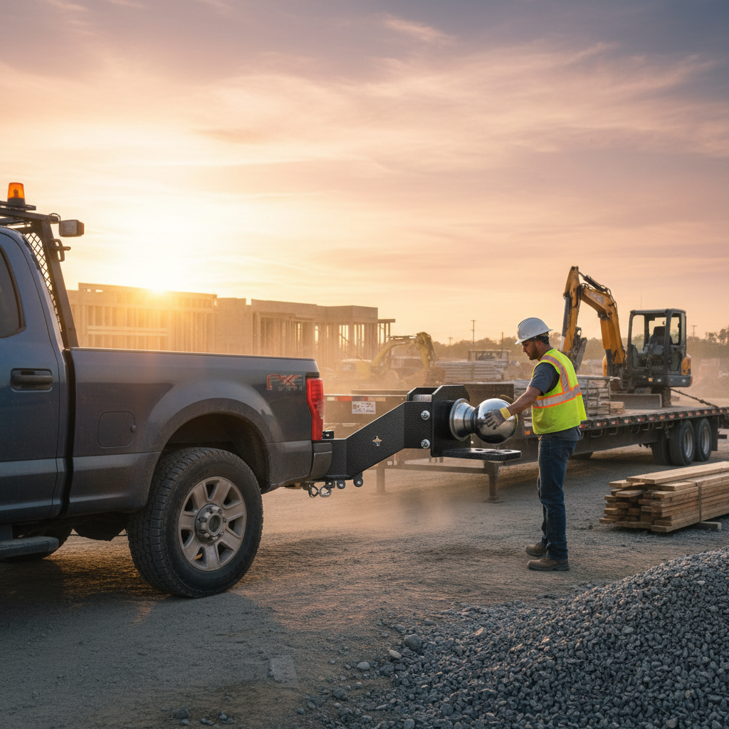 Adjustable dual-ball trailer hitch mount on contractor pickup truck at job site