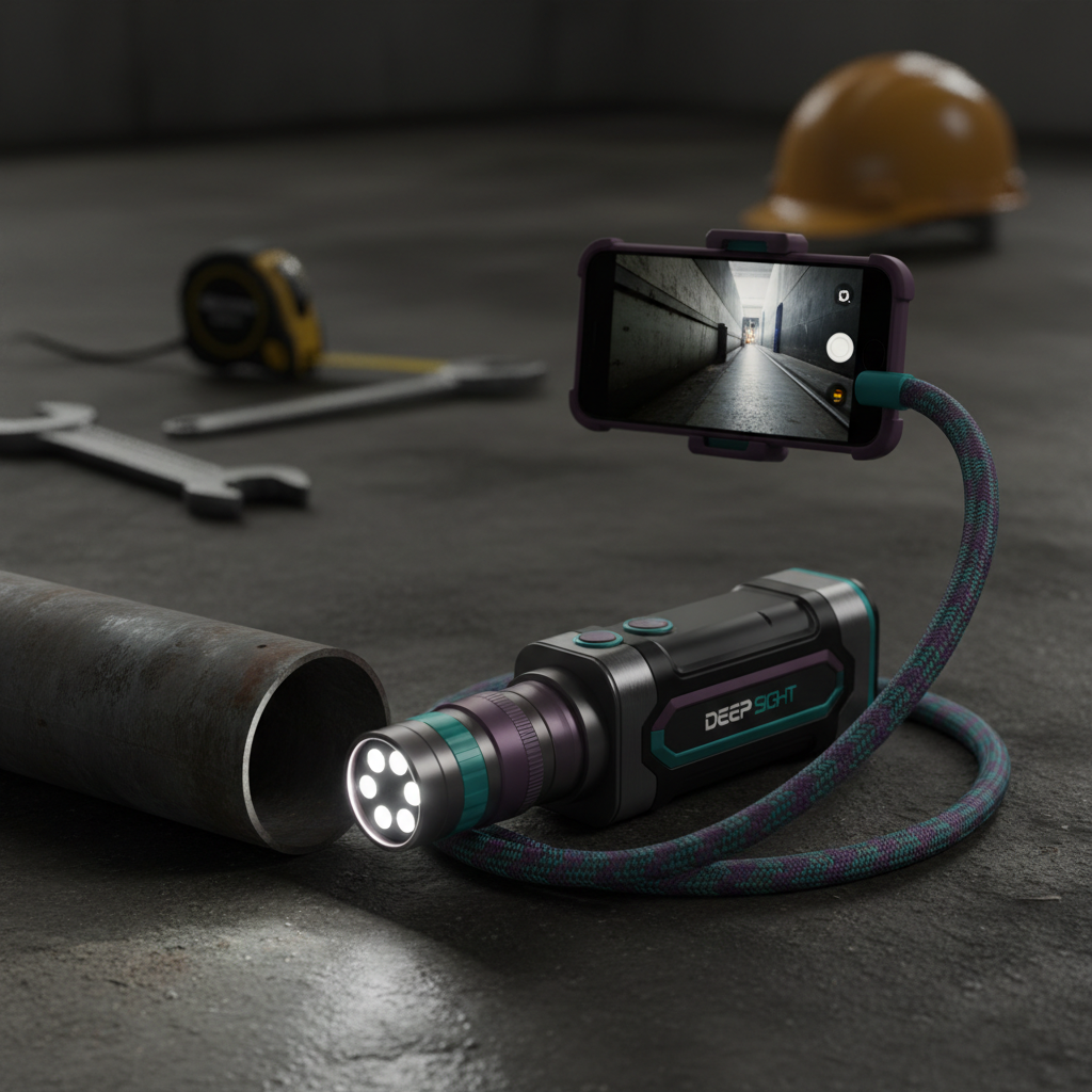 Wireless borescope inspection camera with flexible cable and LED tip for job site use