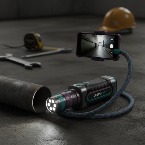 Wireless borescope inspection camera with flexible cable and LED tip for job site use