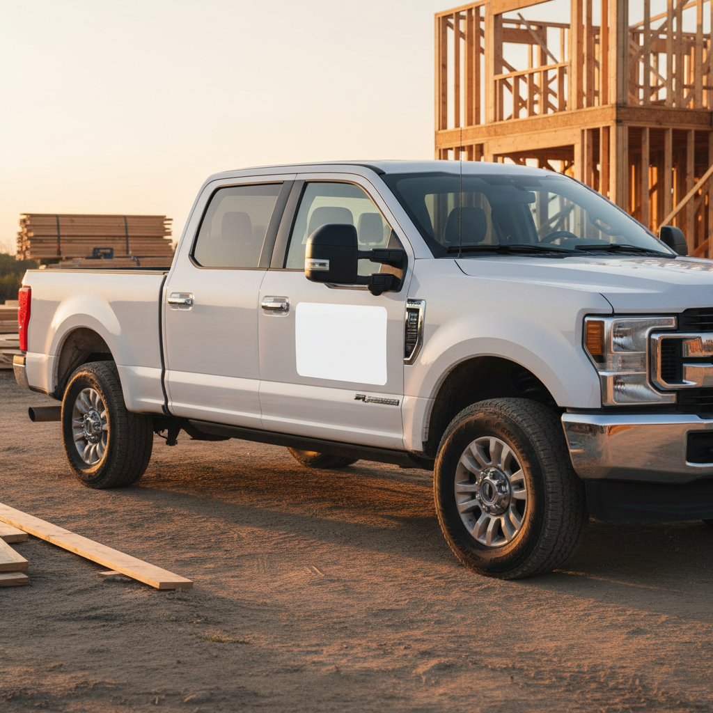 Blank white magnetic signs on contractor work truck door at job site