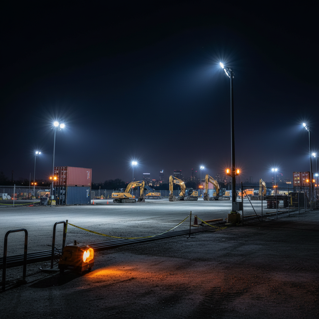 LED security strobe lights and flood lights illuminating a construction job site at night