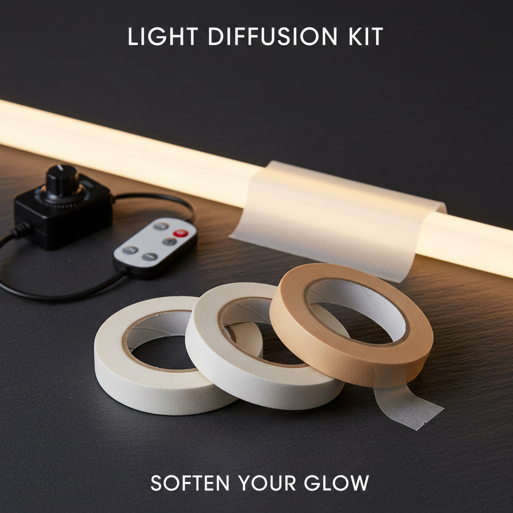 LED light strip dimming and masking tape rolls for softening LED strip light output
