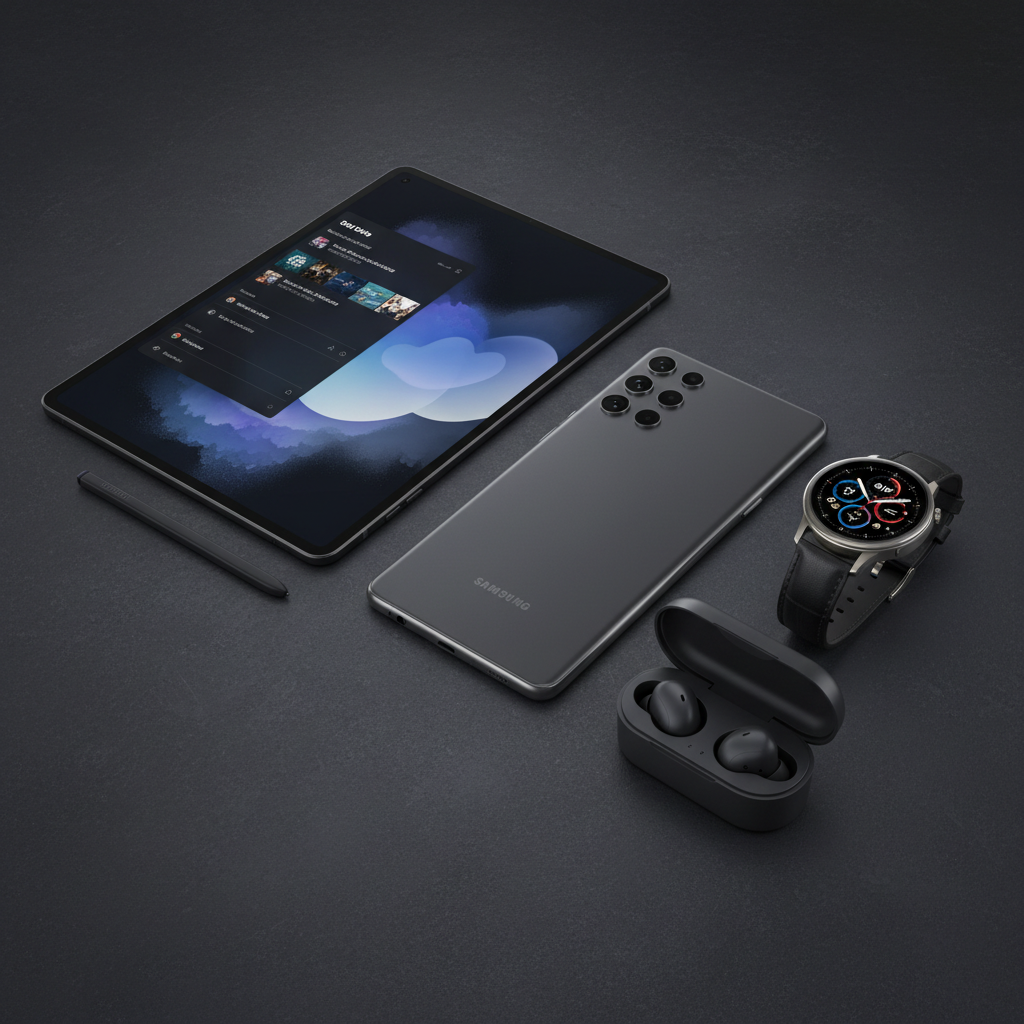 Samsung Galaxy product ecosystem — smartphone, tablet, earbuds, and smartwatch