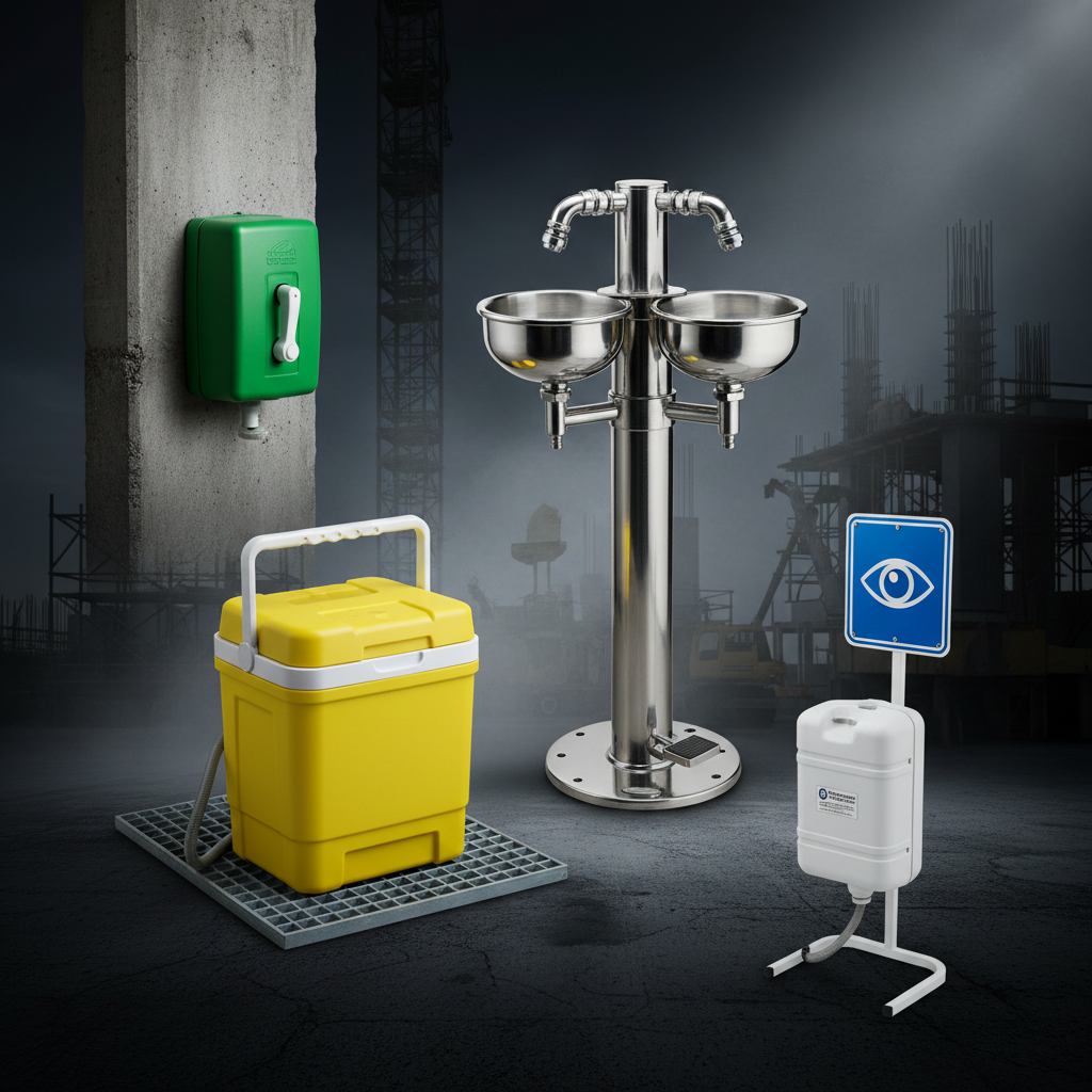 OSHA emergency eye wash stations — green wall-mounted, portable 8-gallon, stainless steel dual basin, and compact kit