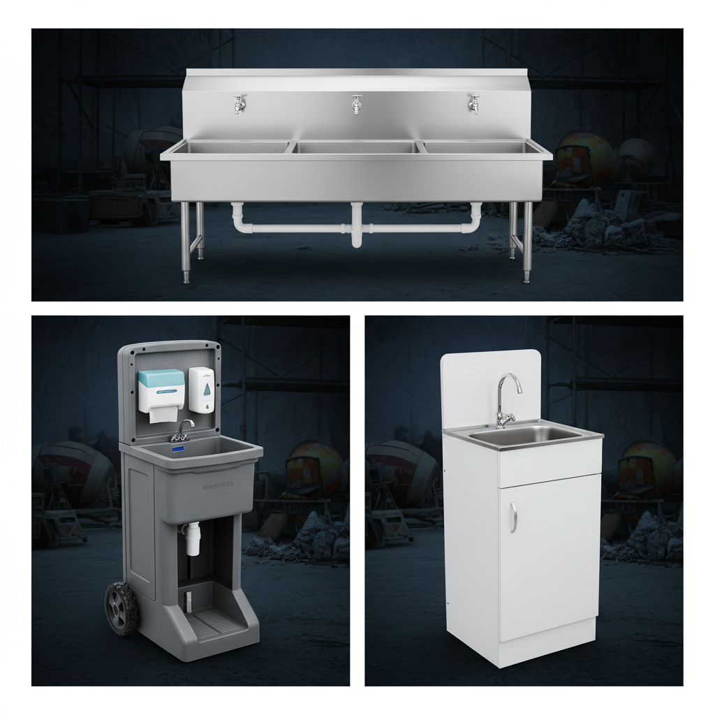 Portable job site hand wash stations — KoolMore mobile station, Ozark River portable sink, and stainless steel multi-user industrial sink