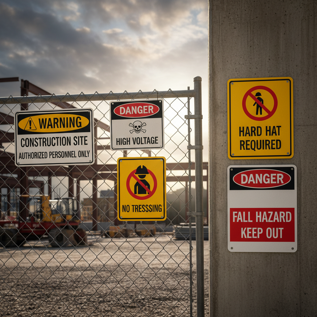 OSHA-compliant warning and danger signs displayed on a construction job site