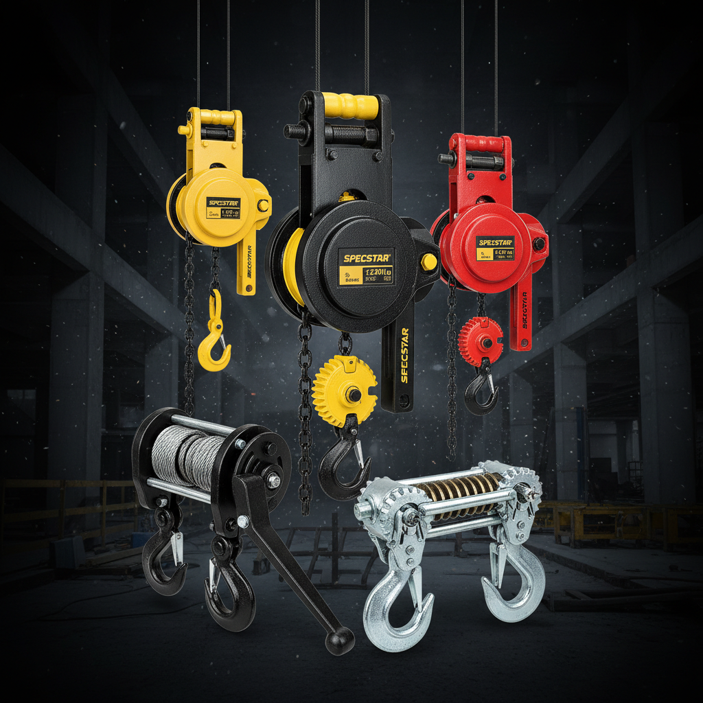 Come-alongs and chain hoists — black yellow SPECSTAR 1-ton hand chain hoist, red SPECSTAR 2-ton chain hoist, yellow SPECSTAR 2-ton chain hoist, black manual lever come-along 3/4 ton with cable and hooks, silver 2-ton come-along ratchet power puller dual gears