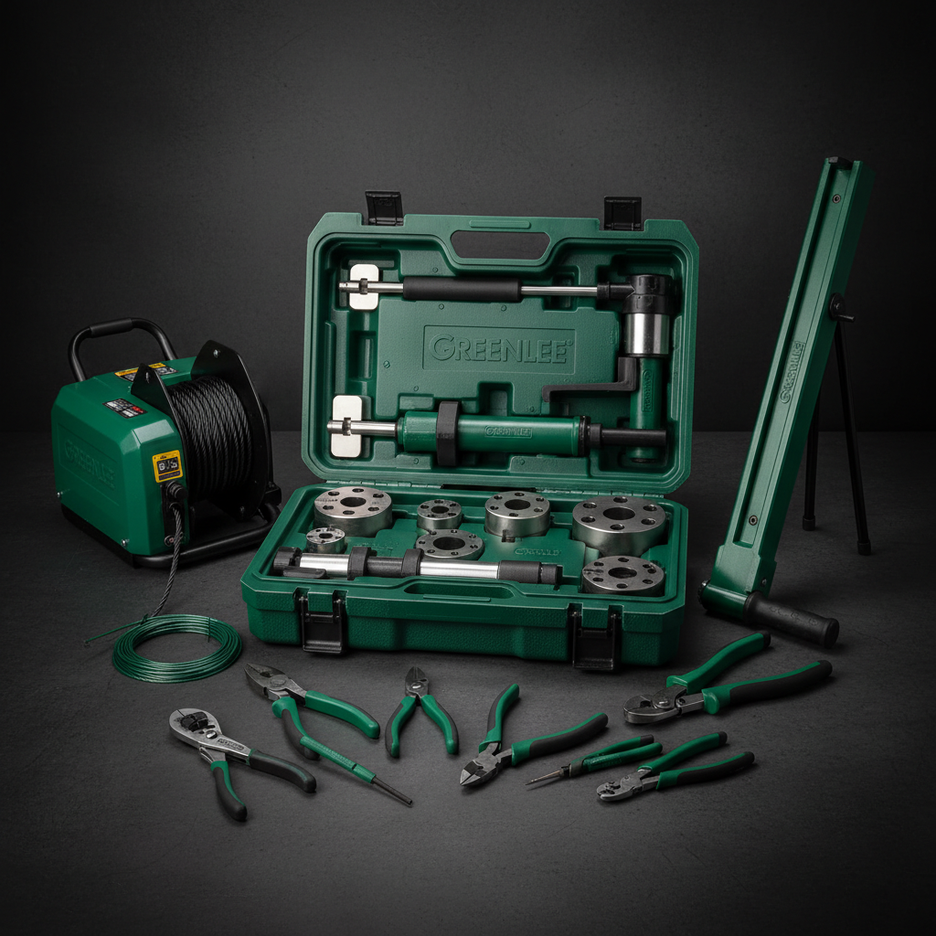 Greenlee professional electrician tools — hydraulic knockout punch kit, cable tugger, conduit bender, and hand tools